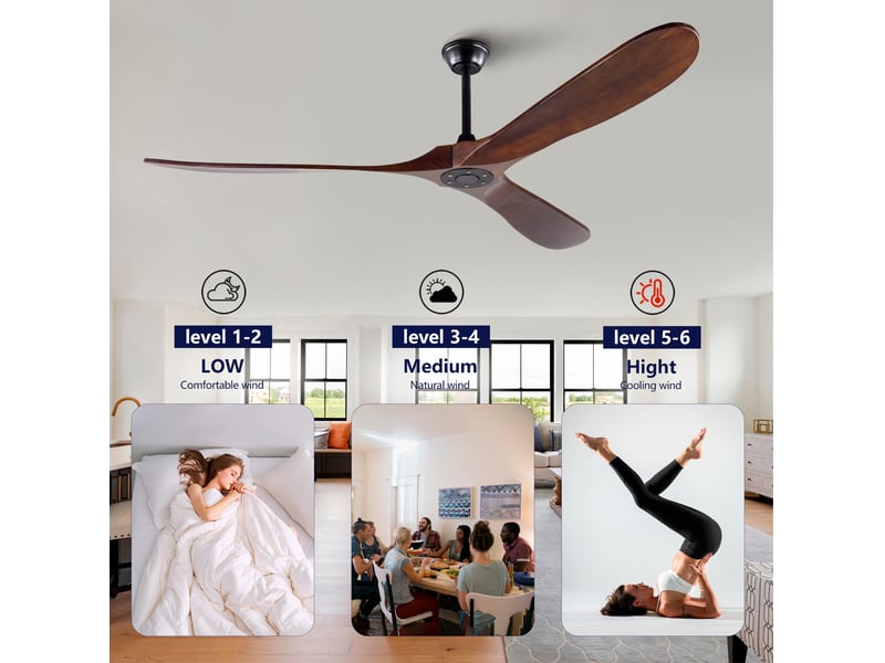  Ventilateur de plafond 183 cm noir et noyer foncé en métal et bois, sans éclairage avec télécommande  - Conforama E