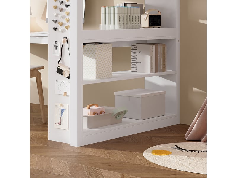  Modenvie lit mezzanine enfant 90x200 cm - avec étagère, tablette d'angle et garde-corps, sans matelas - blanc  - Conforama E