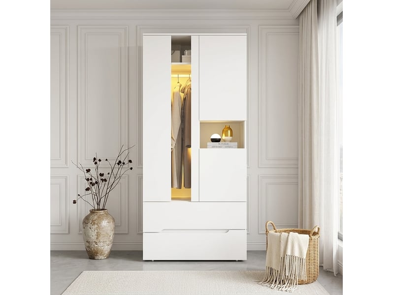 Armoire à 3 portes avec led, penderie, 2 tiroirs et 6 niches pour chambre en mdf et verre blanc 90 × 50 × 200 cm - Conforama E