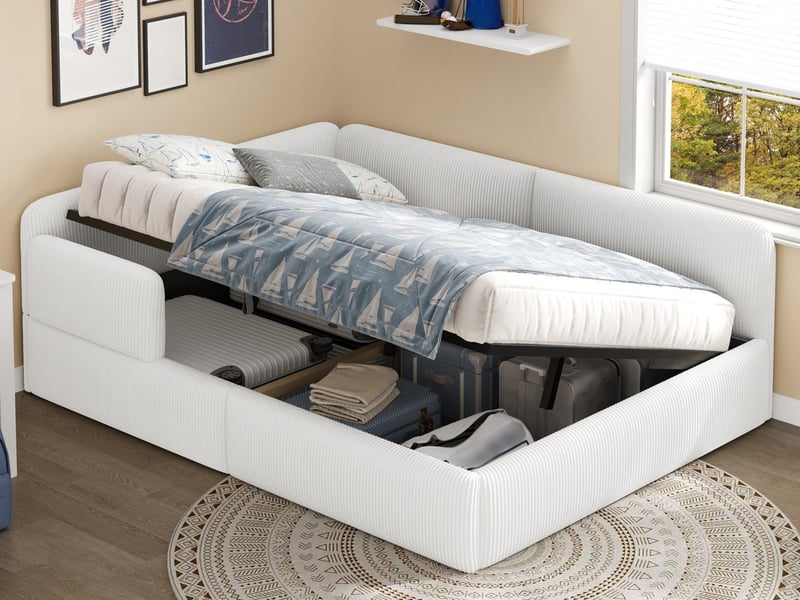  Lit rembourré pour enfant, 140 x 200 cm, avec rangement sous le lit et barrière de sécurité latérale, blanc  - Conforama B