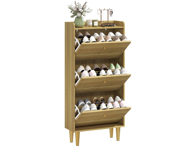  Meuble à chaussures 3 tiroirs basculants 18 paires coloris chêne 60x24x128 cm  - Conforama A