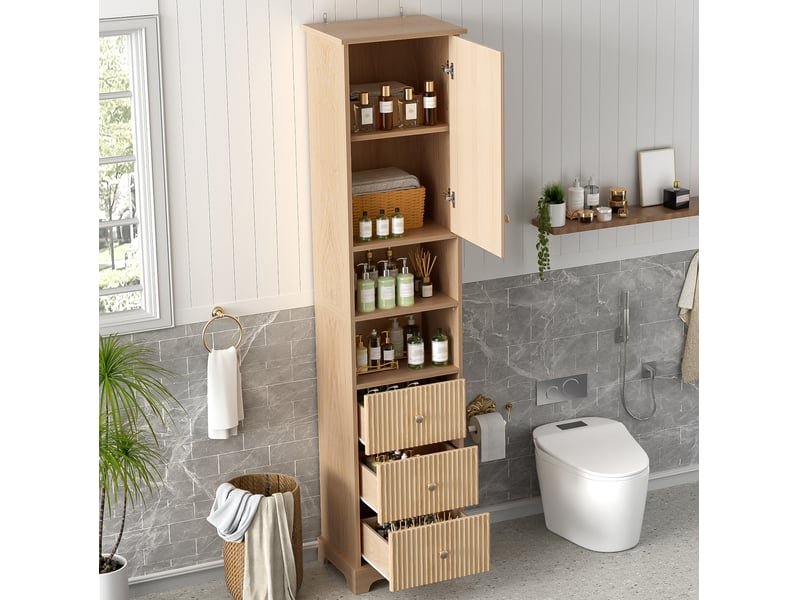 Colonne de salle de bain 40 x 30 x 172 cm – naturel – 3 tiroirs, 1 placard, 2 niches, étagère réglable - Conforama B