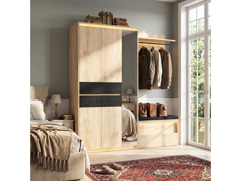  Meuble d’entrée dressing 200 x 47 x 200 cm, miroir, éclairage led, 3 tringles, 4 tiroirs, anthracite et effet chêne ABC - Conforama B
