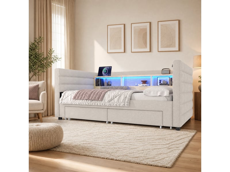  Lit simple 90x190 cm convertible avec éclairage led, en velours beige  - Conforama B