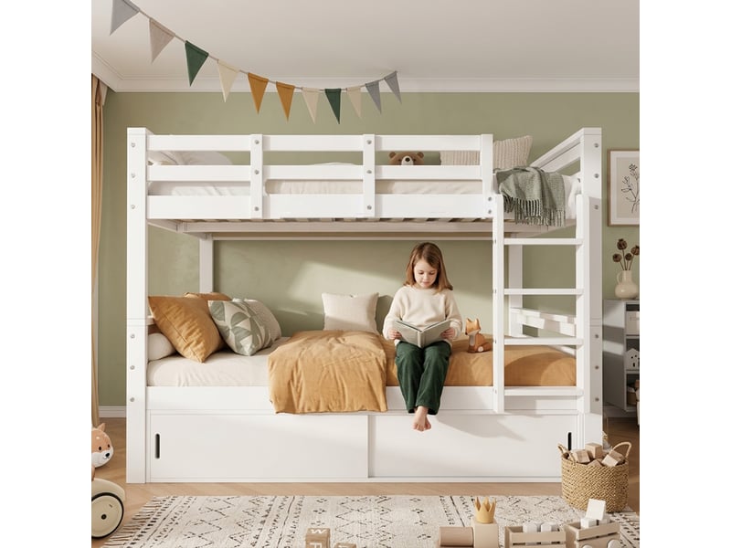 Lit superposé 90x200 cm - grand rangement - avec échelle - barrière de sécurité - bois massif - structure fonctionnelle - pour chambre enfant - blanc CozyNest - Conforama B