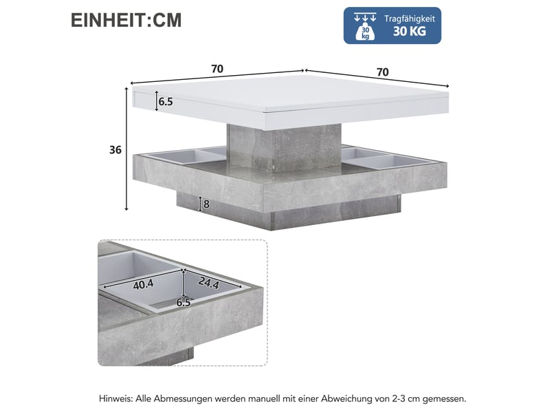  Table basse avec plateau pivotant à 360 degrés et niche de rangement, finition brillante, pour salon, 70 × 70 × 36 cm  - Conforama D