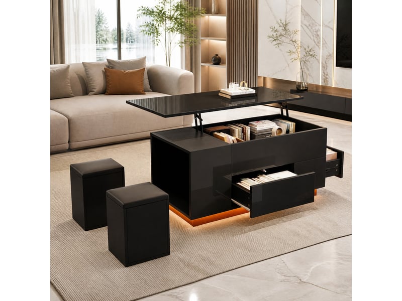  Table basse relevable noire avec led, 2 tiroirs et 2 tabourets de rangement - 100 x 50 x 45 cm  - Conforama D