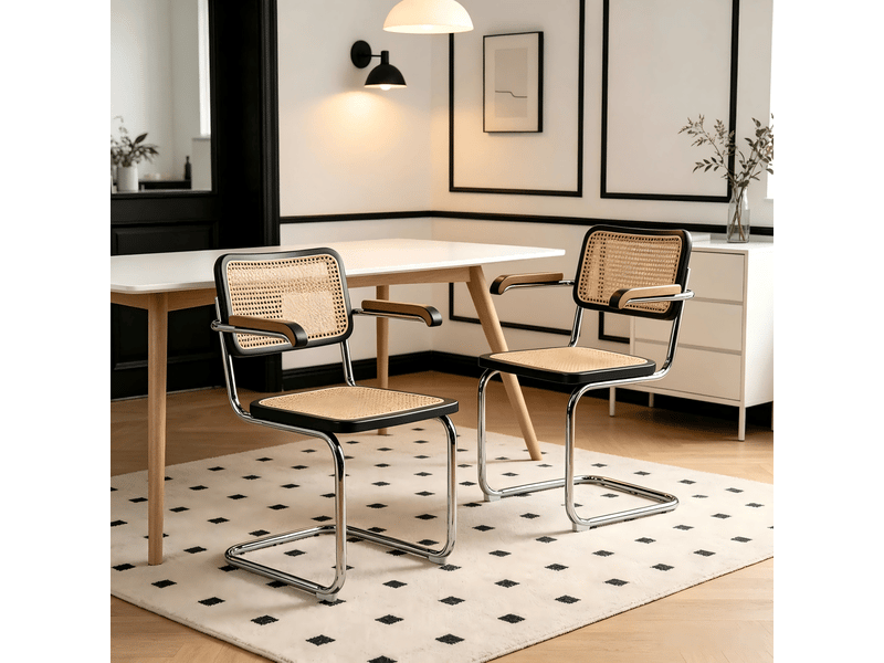 Lot de deux chaises de salle à manger, chaises en bois avec dossier en rotin et pieds chromés, style « brewer » du milieu du siècle, noir - Conforama B