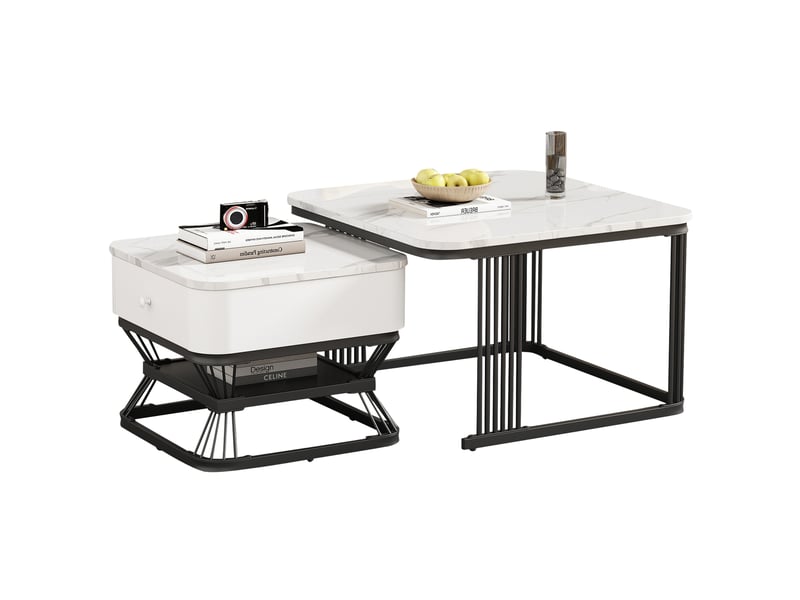  Tables basses gigognes avec 1 tiroir et rangement ouvert, finition brillante effet marbre, pour salon  - Conforama A