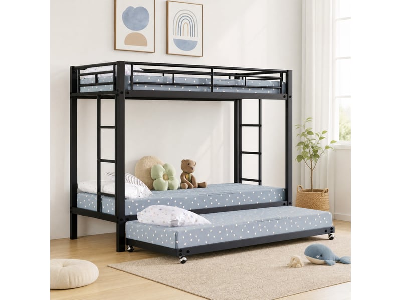 Lit superposé enfant 3 places 90×200 cm et 90×190 cm avec lit gigogne - sans matelas, métal - noir - Conforama B