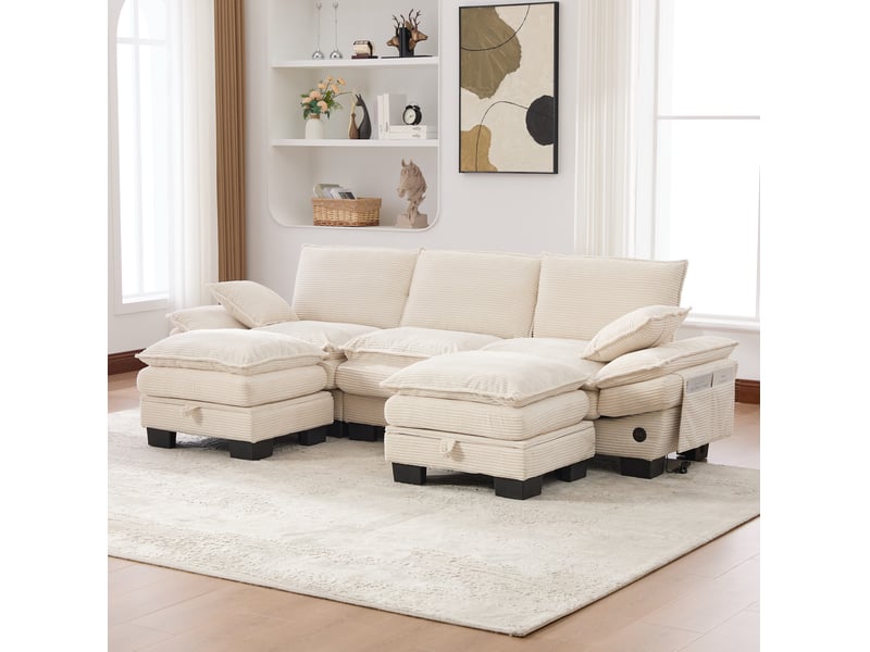 Canapé modulable 3 places en velours côtelé beige avec 2 poufs et usb-c - Conforama D
