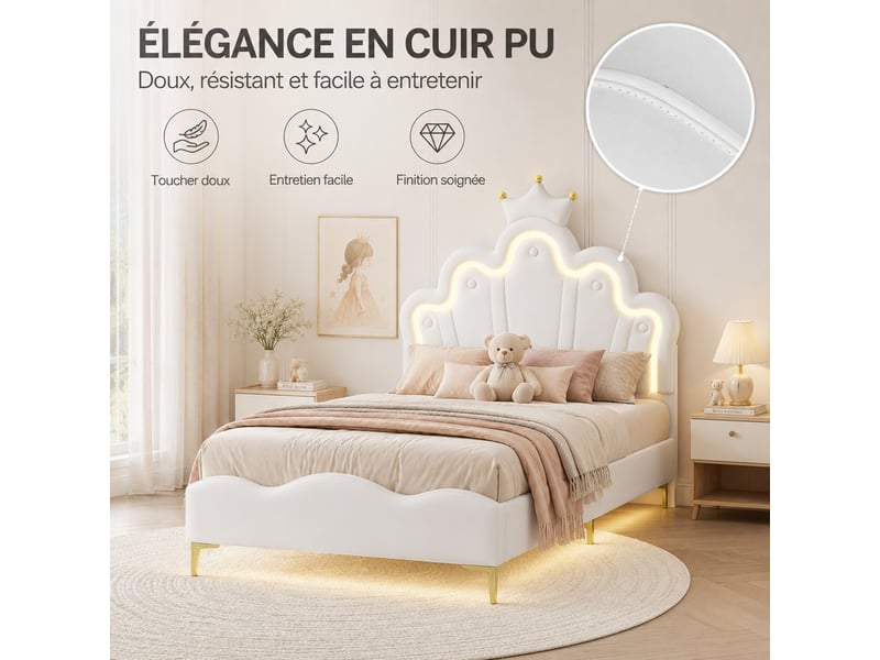 Lit princesse 90x200 cm, lit enfant rembourré avec lumière led, lit simple rembourré avec tête de lit en forme de couronne, avec sommier à lattes, pu, blanc - Conforama R