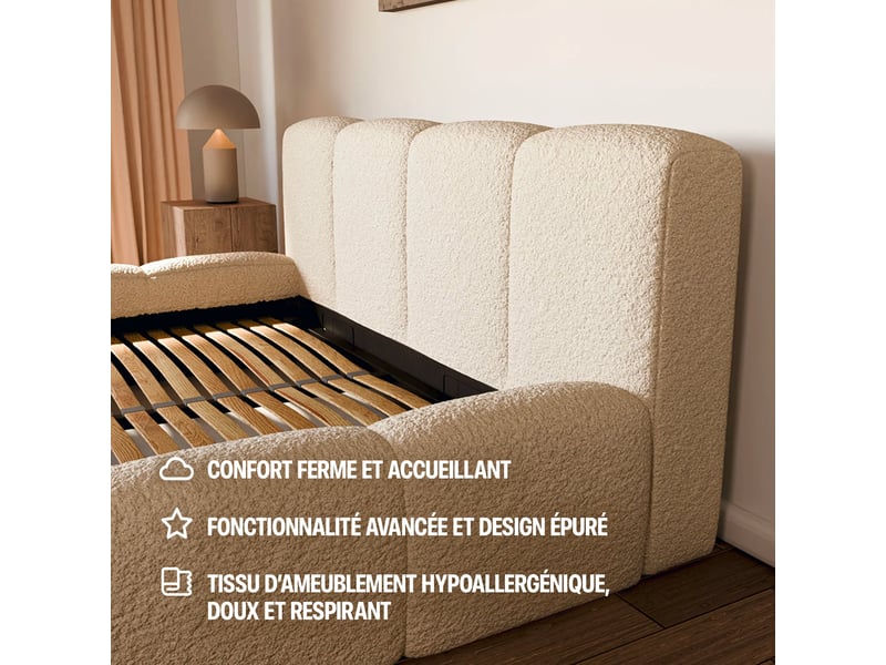  Lit coffre équinox beige drimz - 180x200cm - tissu bouclé Équinox - Conforama E
