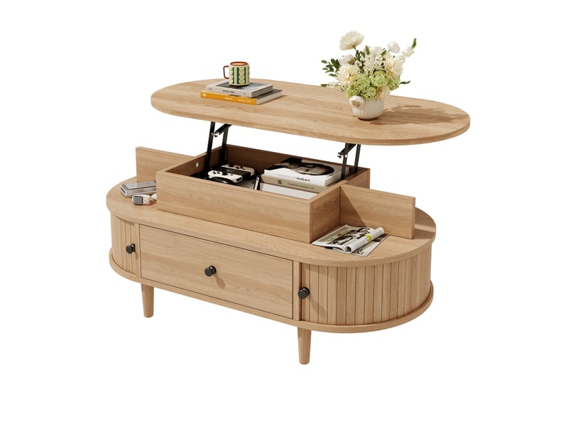  Table basse ovale 105 x 50 x 60,5 cm avec plateau relevable hydraulique, rangement caché, 2 niches, tiroir et portes coulissantes, mdf, naturel OMNIGLINT TRADING LTD - Conforama A