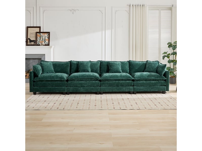  Canapé 4 places nuage moderne sectionnel salon chambre appartement coussin double couche rembourré tissu chenille respirant vert  - Conforama D