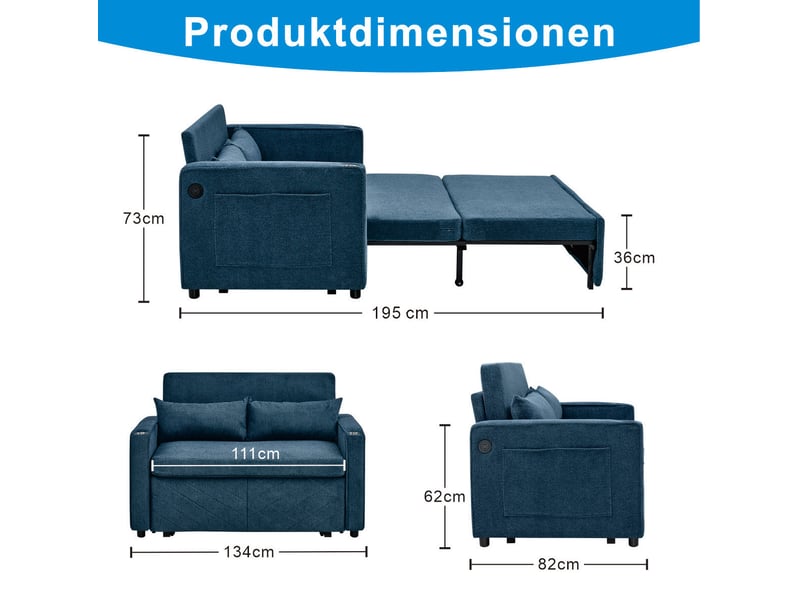Canapé droit convertible 2 places en tissu bleu marine avec usb, système coulissant, idéal pour petits espaces - Conforama C