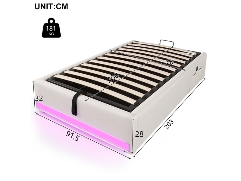  Lit capitonné 90*200cm, beige, sans matelas, led, usb type-c, rangement latéral, relevage hydraulique  - Conforama B
