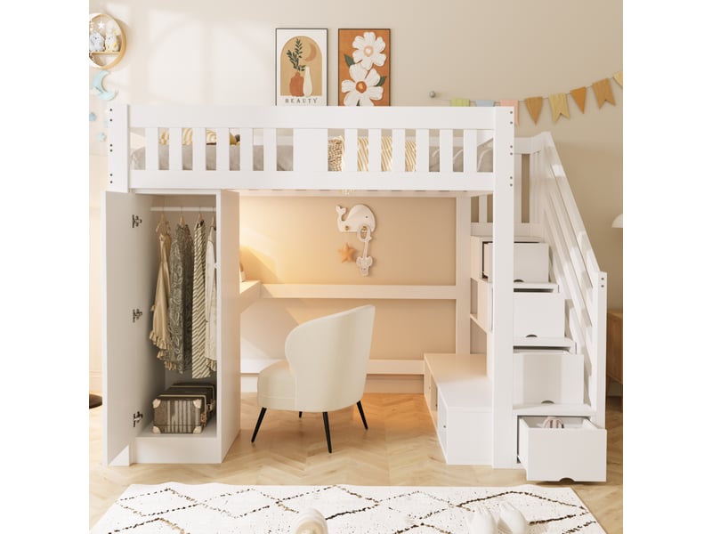  Lit mezzanine 140x200 cm, lit enfant, bureau, armoire, escalier avec rangement, barrière antichute, prise intégrée, bois blanc  - Conforama C