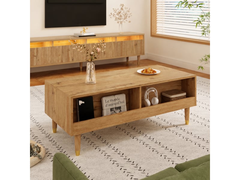 Table basse led moderne rectangulaire en mdf, 2 tiroirs, façade ondulée, pieds bois massif, bois et doré, 110 x 50 x 40 - Conforama E