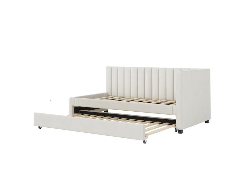  Lit banquette rembourré 90 x 200 cm,gigogne, multifonctionnel à lattes, tissu velours beige  - Conforama A