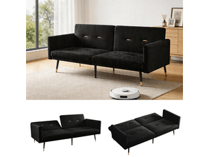 Canapé convertible 2 places noir en velours, canapé-lit réglable 5 positions avec pieds de 20cm, structure stable 180kg