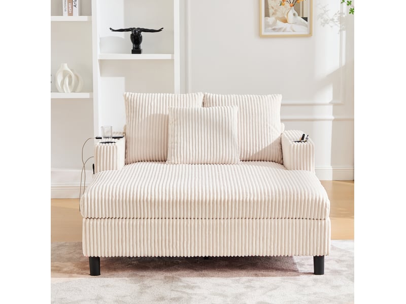  Chaise longue modenvie 1 place 128 x 142 x 85 cm led usb porte-gobelets velours côtelé beige  - Conforama E