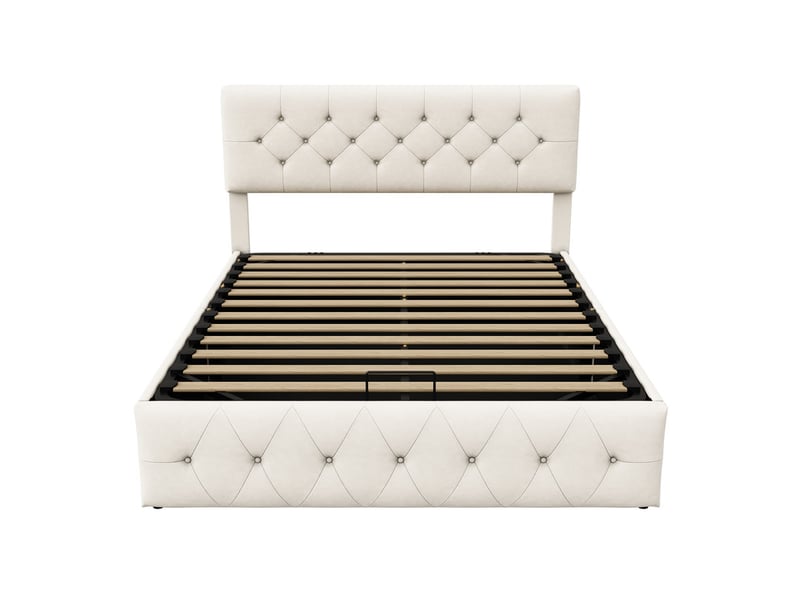 Lit coffre 2 places 160x200 cm, lit adulte avec rangement, tête de lit réglable, velours beige - Conforama E
