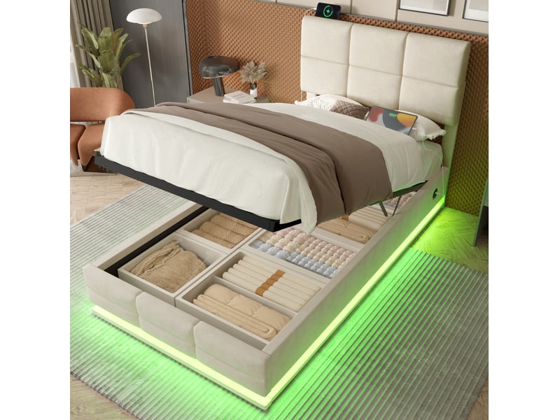  Lit coffre 90x200 cm velours beige, led, usbtype-c, tête réglable, sans matelas  - Conforama C