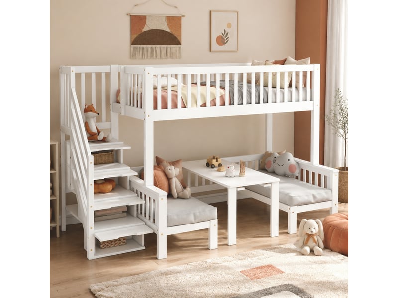  Lit superposé enfant blanc avec escalier de rangement et table rabattable 90 x 200 cm et 120 x 200 cm  - Conforama D