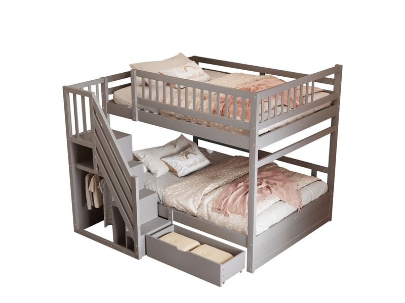  Lit superposé 140x200 - escalier rangement - tiroirs - lit superposé enfant - barrière de sécurité - sommier à lattes - gris  - Conforama A