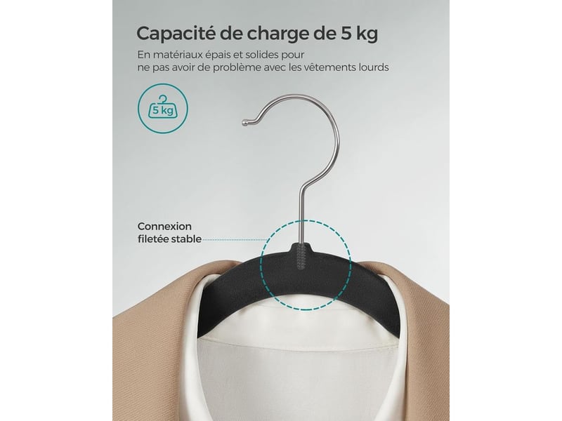  Lot de 20 packs, cintre en feutre noir pour adulte, longueur 42 cm, forme élancée, grande capacité de charge, avec crochets, idéal pour accrocher des manteaux et des chemises  - Conforama C
