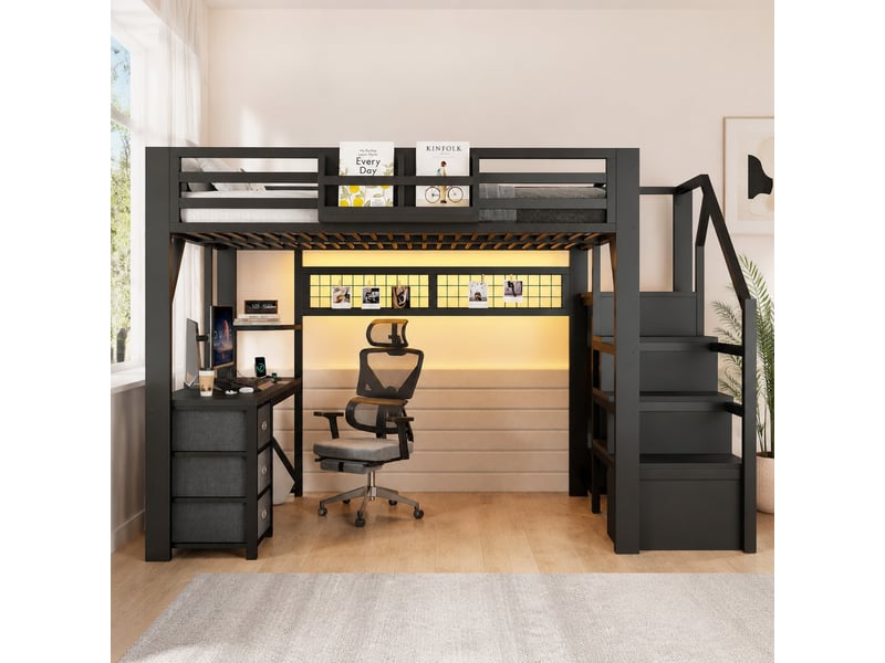  Lit mezzanine 140 × 200 cm 2 places avec bureau, 3 tiroirs, armoire, led et sans matelas, noir  - Conforama B