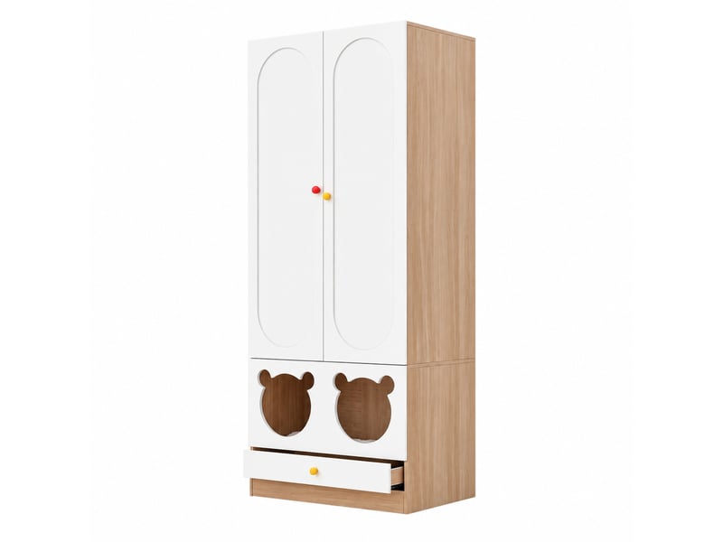  Armoire enfant 80x50x200 cm - 2 portes, penderie, étagères, tiroirs, design ours, blanc et bois  - Conforama W