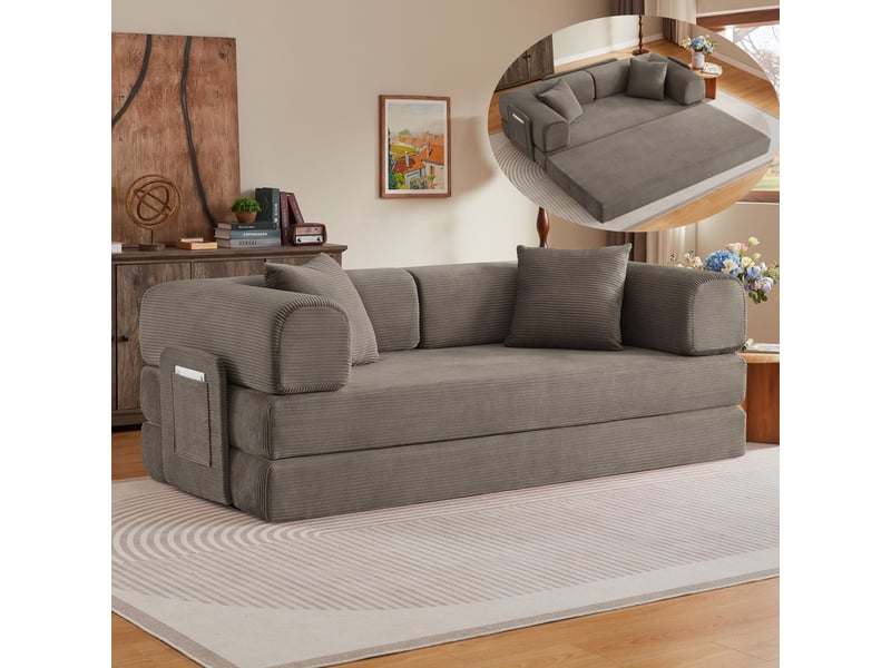  Canapé-lit convertible canapé modulable 2 places canapé au sol canapé compressé en velours côtelé avec poches, taupe  - Conforama B