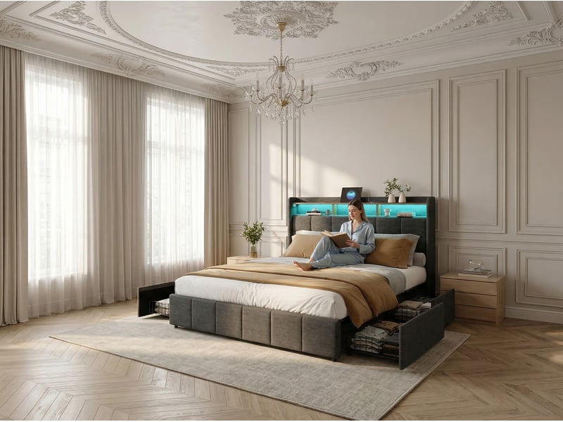  Lit avec rangement cm en cuir pu avec led et usb  - Conforama E