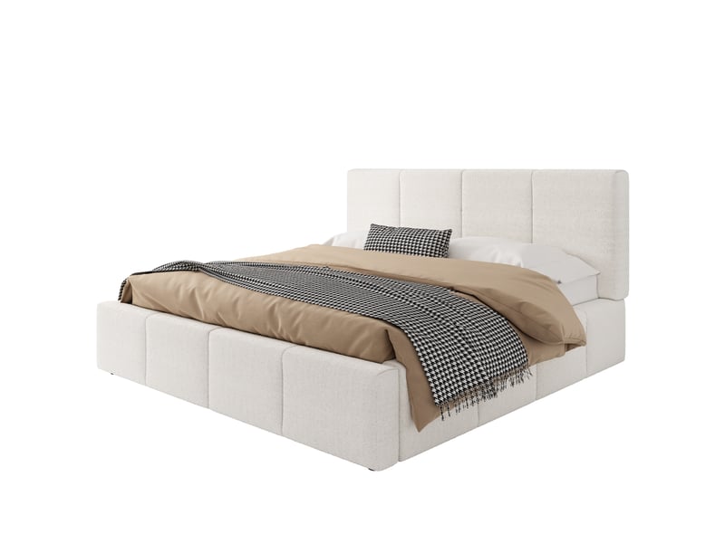  Lit double 180x200 cm avec tête de lit rembourrée en tissu bouclette beige et sommier inclus  - Conforama C