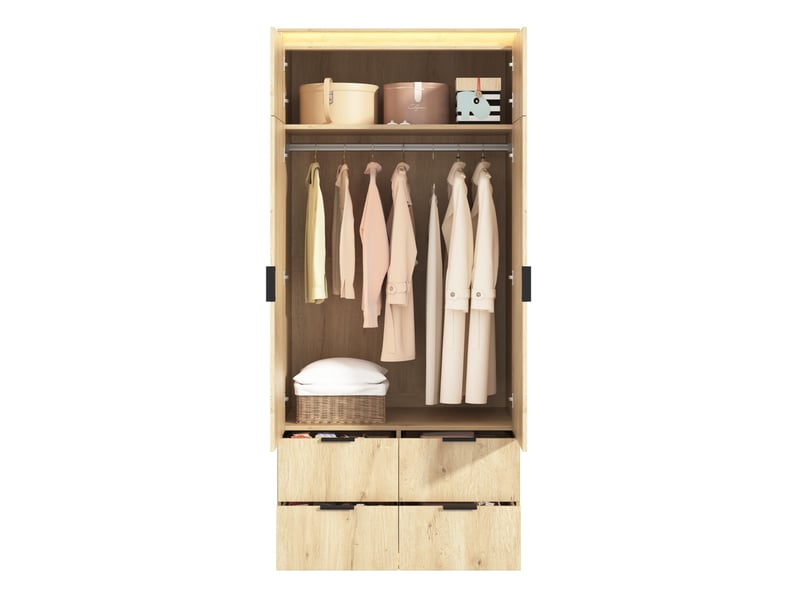  Armoire tcqpz 2 portes avec miroir led 90 x 47 x 200 cm 4 tiroirs penderie mdf décor chêne  - Conforama A