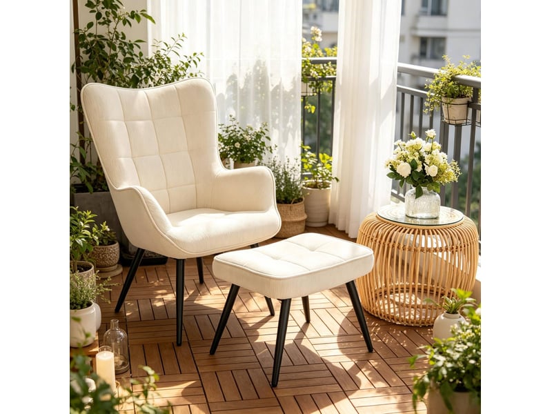  Fauteuil avec repose-pieds en velours côtelé, pieds réglables  - Conforama D