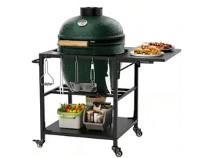 Table barbecue extérieur big green egg chariot métal robuste roulettes rangement crochets housse amovible grand barbecue compatible