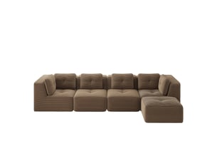 Canapé modulable 4 places, lignes généreuses, coussins souples et revêtement côtelé, 69 × 386 × 177 cm, marron