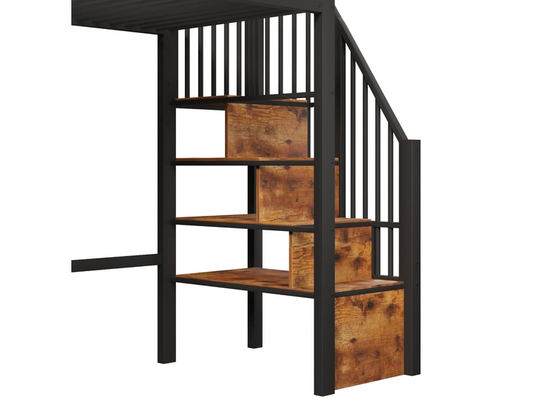 Lit mezzanine 90x200 cm équipé d'escalier de rangement, barrières de protection, métal et mdf, noir, matelas non fourni - Conforama E