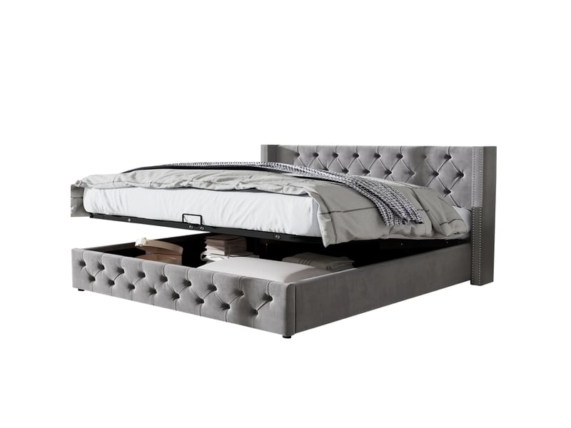  Lit coffre 140x190 avec ouverture hydraulique, tête de lit à rivets et rangement intégré, gris, sans matelas  - Conforama A