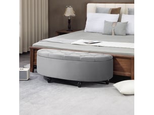 Banc coffre 120x46x42 cm, rangement intégré, assise polyester doux, pieds en bois noir, pour chambre et salon, gris