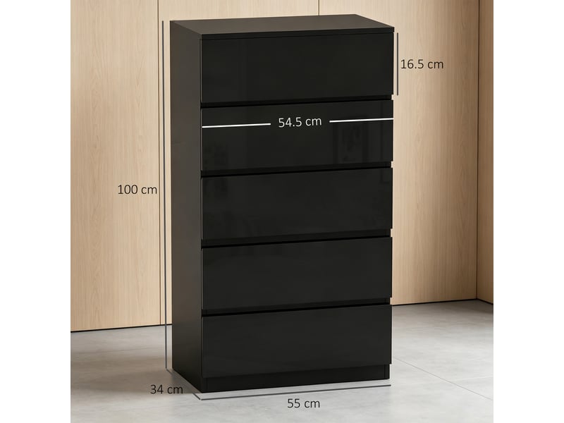  Commode en bois à 5 tiroirs, meuble de chambre moderne et multifonctionnel, 55 x 34 x 100 cm, noir  - Conforama E