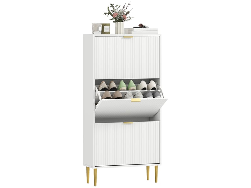  Meuble à chaussures 18 paires avec 3 tiroirs rabattables, portes cannelées et étagères réglables, 60x24x122,5cm, blanc  - Conforama A