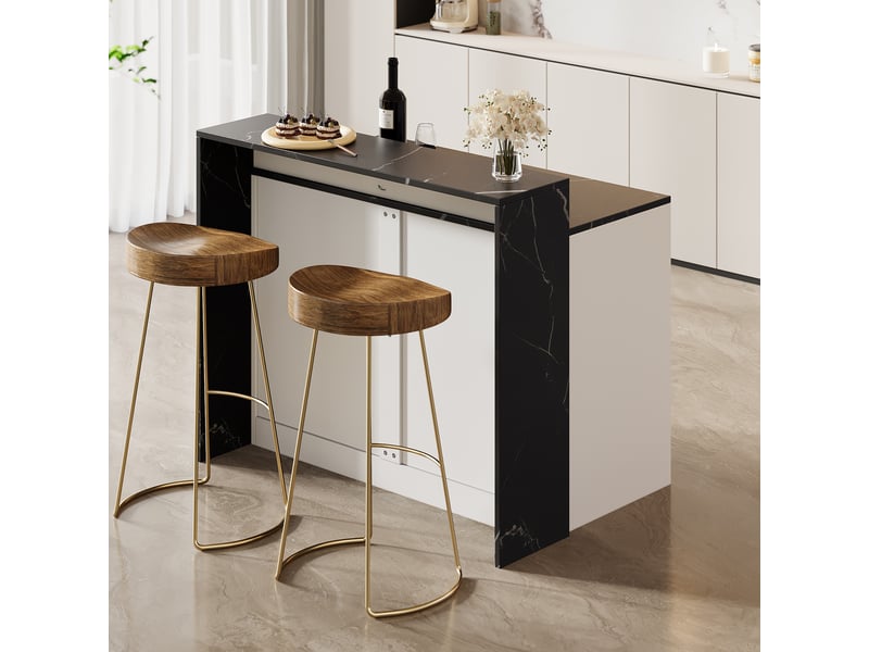  Îlot de cuisine avec comptoir bar et table de cuisine multifonctionnelle, espace animaux, effet marbre noir et blanc, 120x80x100cm.  - Conforama W