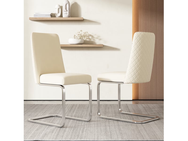  Lot de 4 chaises 52x45x88 cm, dossier à motif losange, revêtement velours beige, cadre métallique argenté, pour salle à manger  - Conforama E