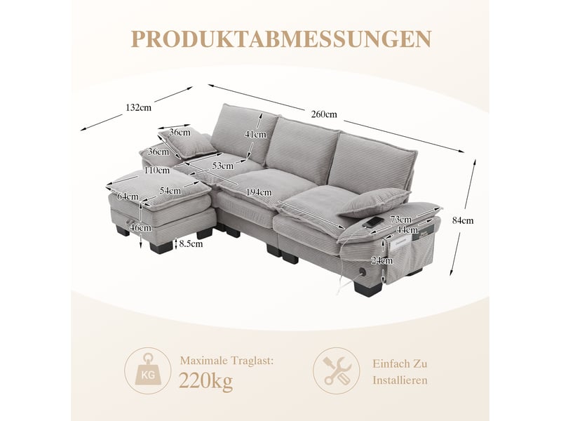  Canapé modulable 3 places en velours côtelé gris clair avec pouf de rangement  - Conforama C