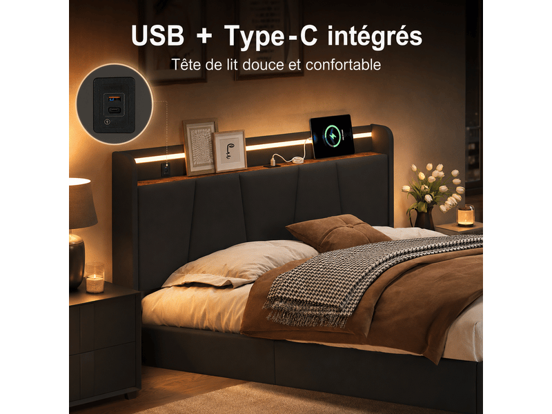 Lit coffre 160x200cm - avec led et usb tpye c - 2 tiroirs - tête de lit est pliable -lit capitonné 140x190 cm avec sommier à lattes, lit rembourré avec hydraulique, rangement de chevet, lit 2 personnes - lin gris - sans mate… - Conforama C