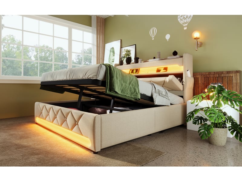  Lit double 140x200 cm avec tête de lit, led, usb, rangement hydraulique, lin beige sans matelas  - Conforama C